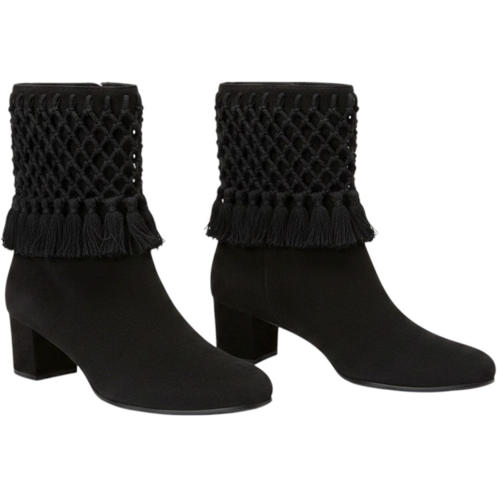 Bottega Veneta Black Suede Macrame Tassel Ankle Boots Block Heel Size 7.5